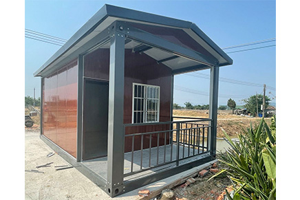 Wood color prefab container with double pitch roof